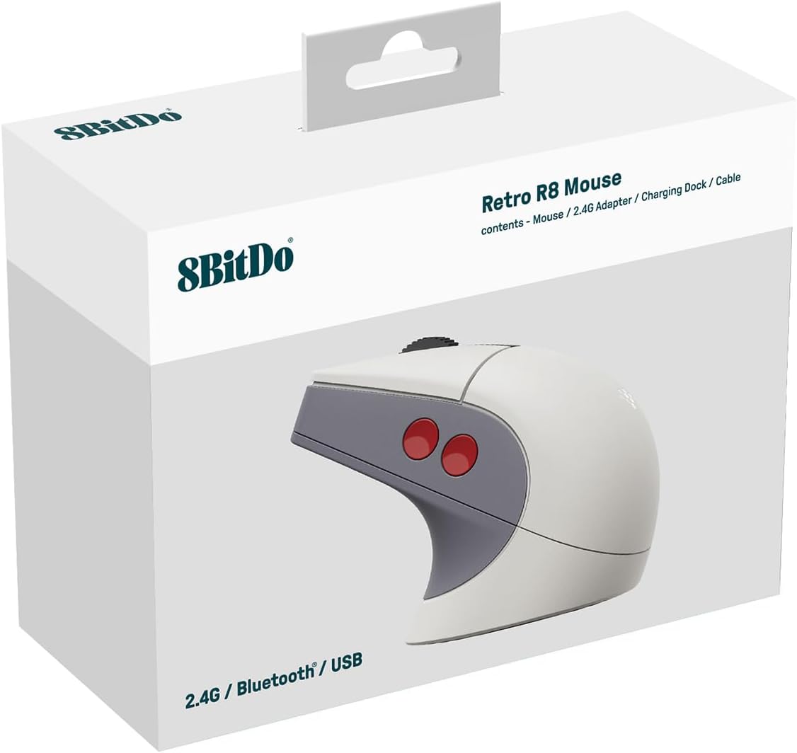 8Bitdo Ratón retro R8 con base de carga, sensor óptico PAW 3395 DPI...