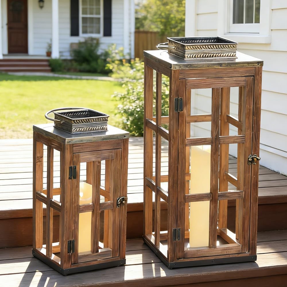 DECORKEY Juego de 2 faroles de metal de madera grandes de granja, 2...