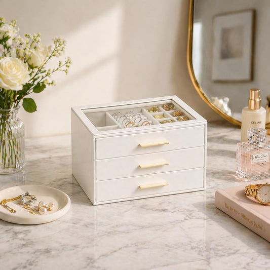 GUOER Joyero para mujer, organizador de joyas con tapa de vidrio co...