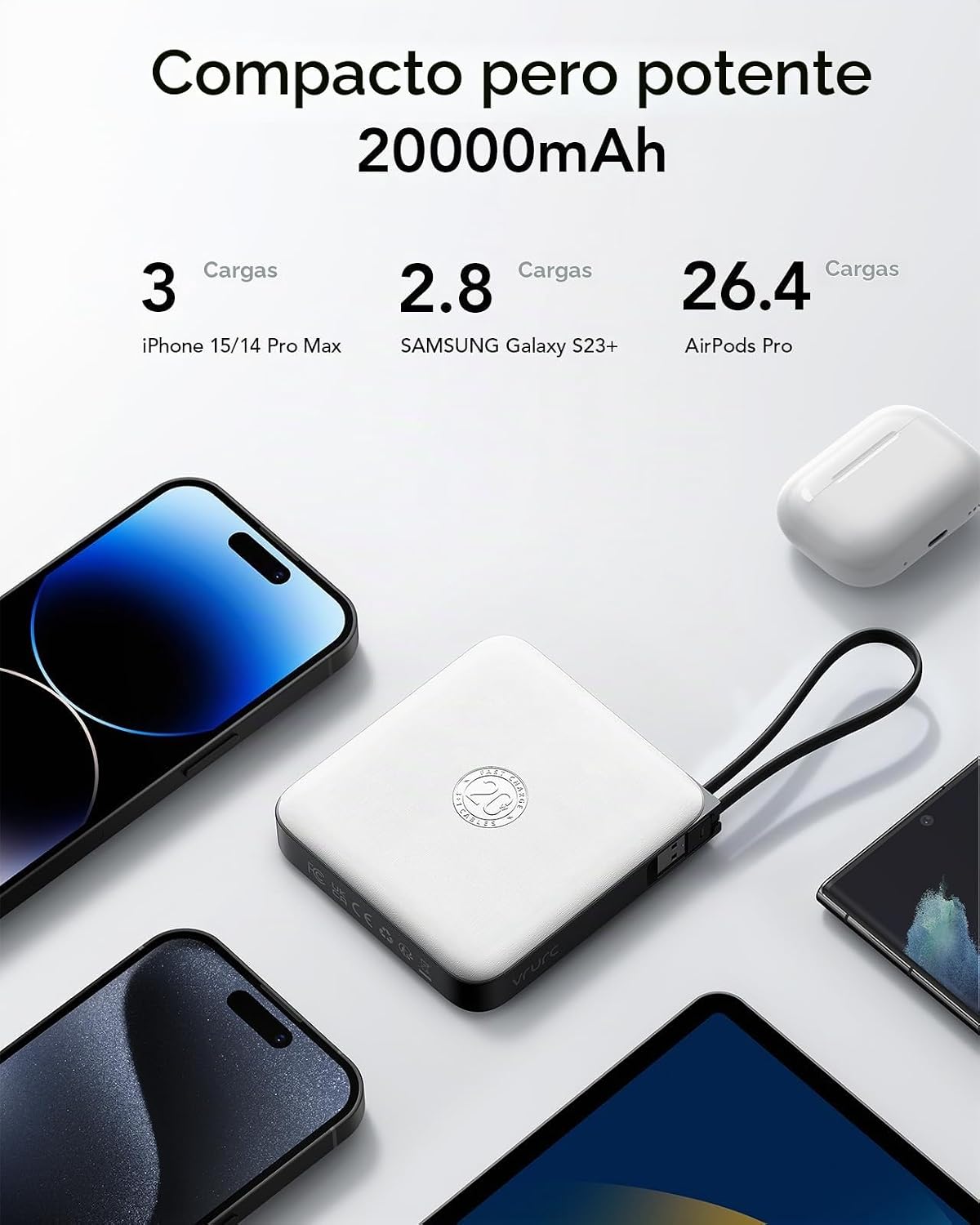 VRURC Cargador portátil de 20000 mAh con cables integrados, cargado...