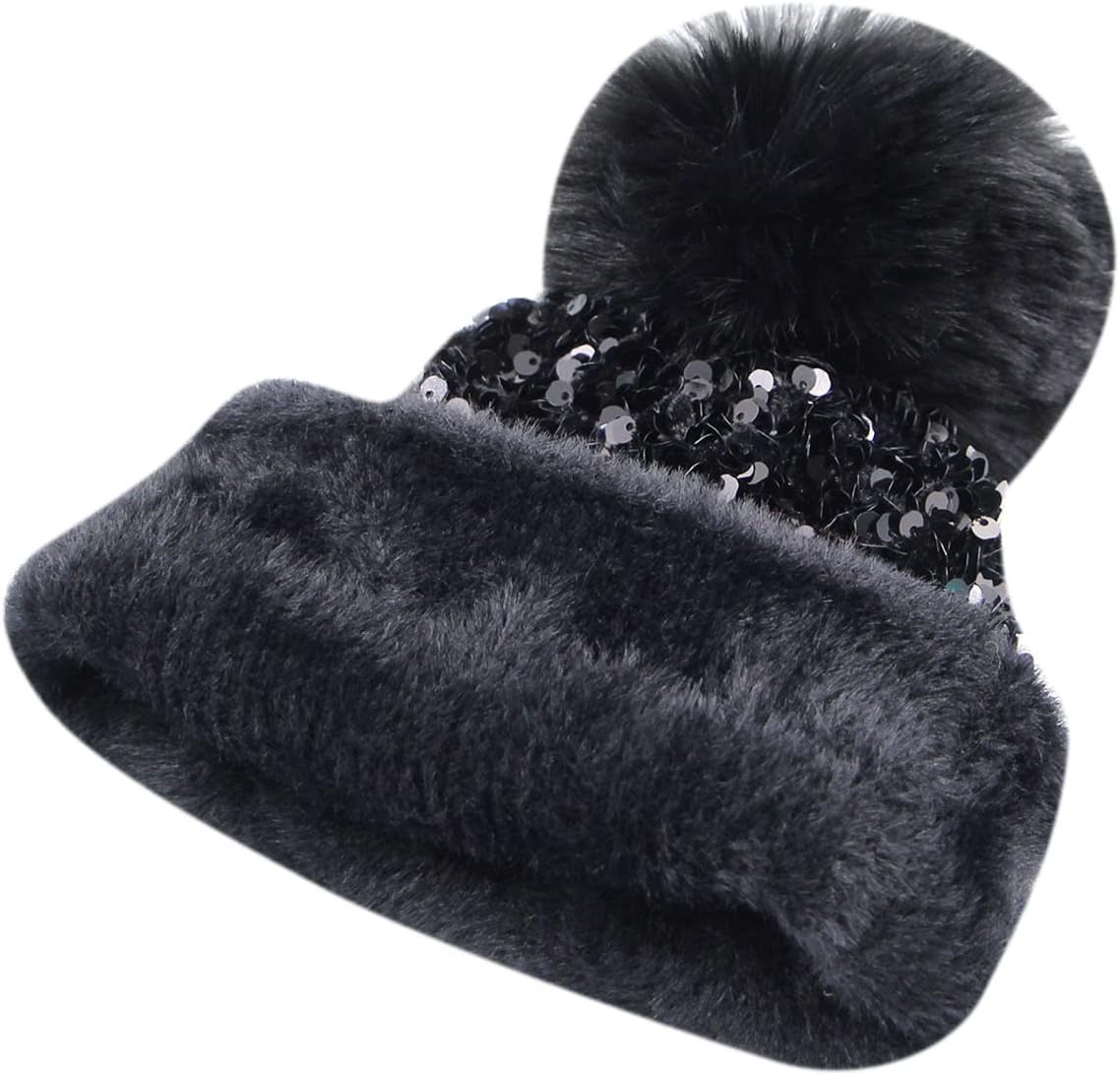 LEOMOSTE Gorro de invierno con lentejuelas para mujer y niña, con p...