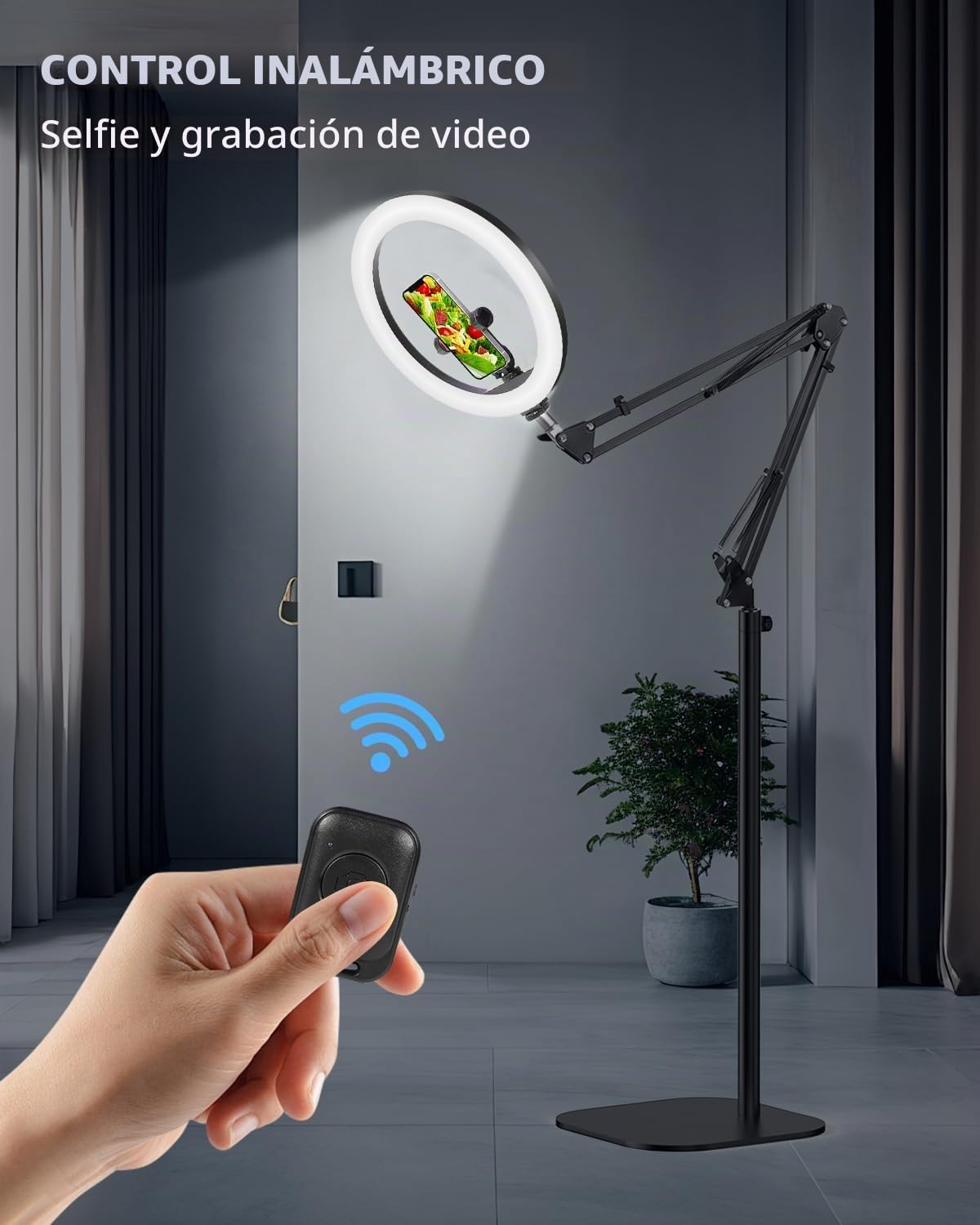 Soporte de teléfono aéreo de 12 pulgadas con luz de anillo, luz cir...