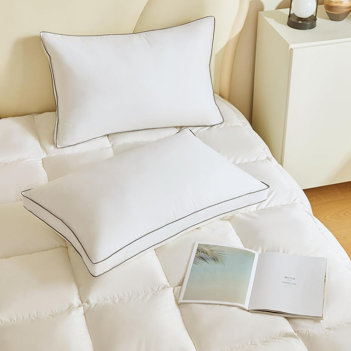 Almohadas de fibra de plumón de ganso, almohadas con fuelle tamaño...
