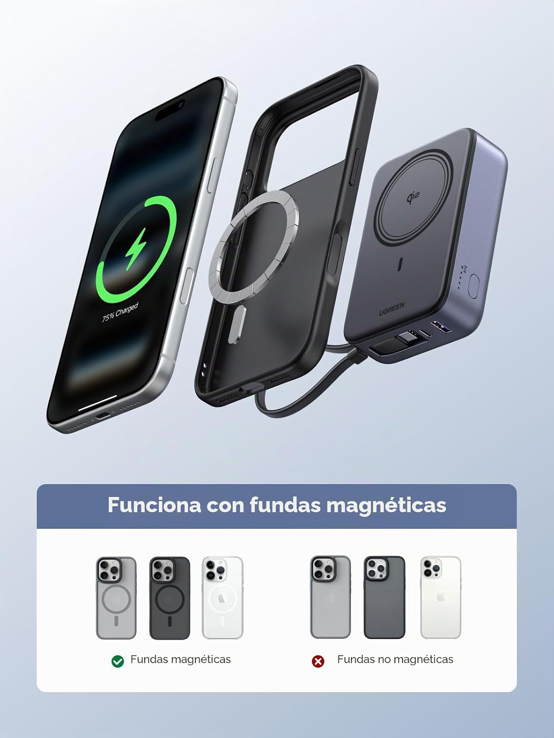 UGREEN 20000mAh Qi2 15W Banco de energía, cable incorporado PD 30W...