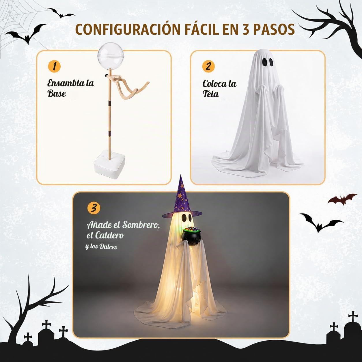 Decoración de fantasmas de dulces de Halloween con caldero iluminad...