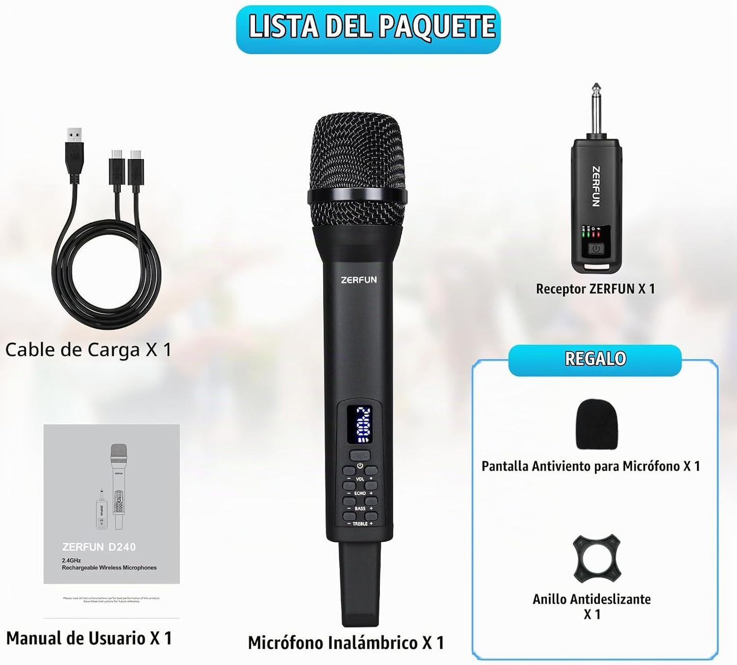 ZERFUN Micrófono inalámbrico recargable, sistema de micrófonos de m...