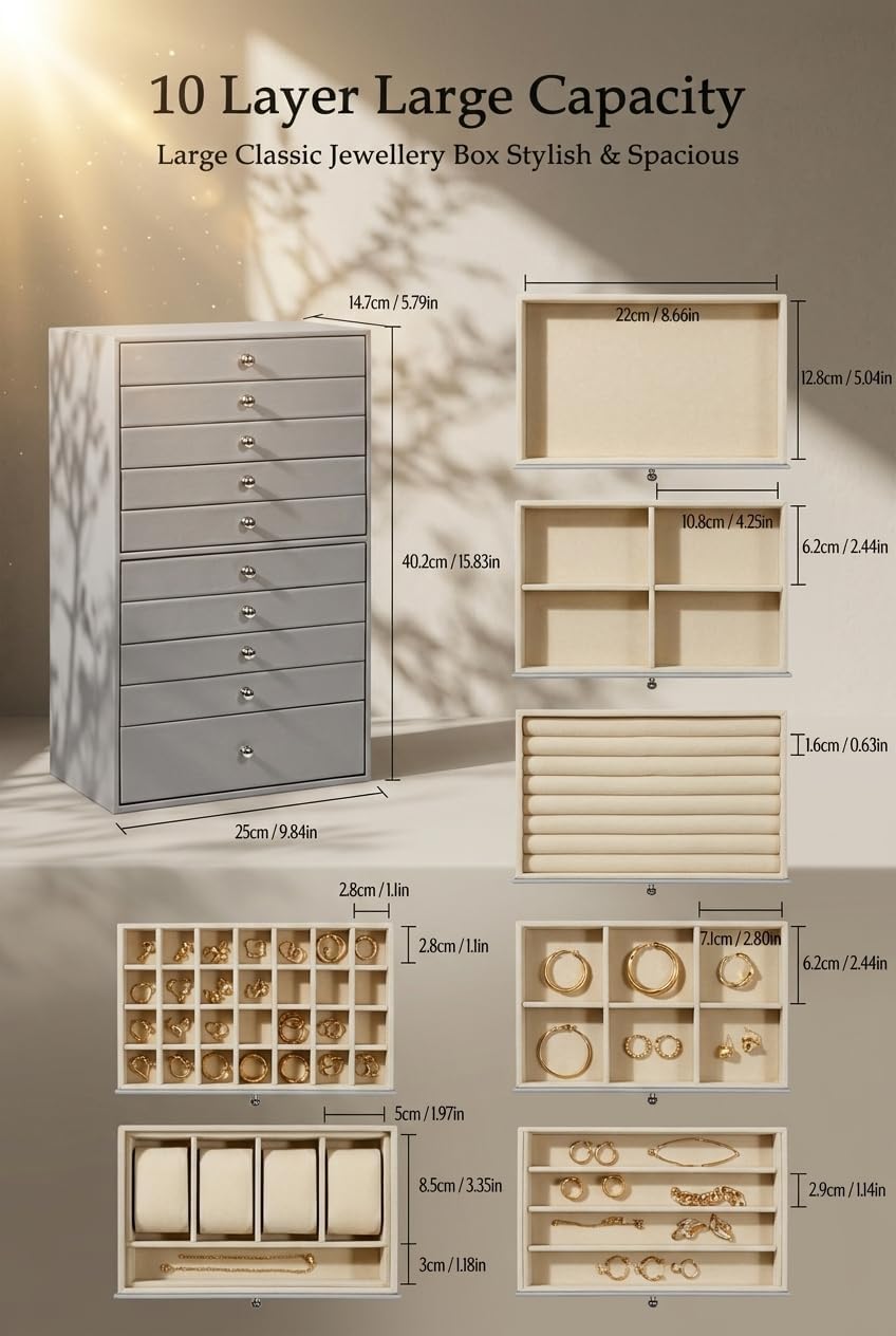 GUKA Caja Grande de Joyería, Estuche de Joyas con 10 Cajones para J...