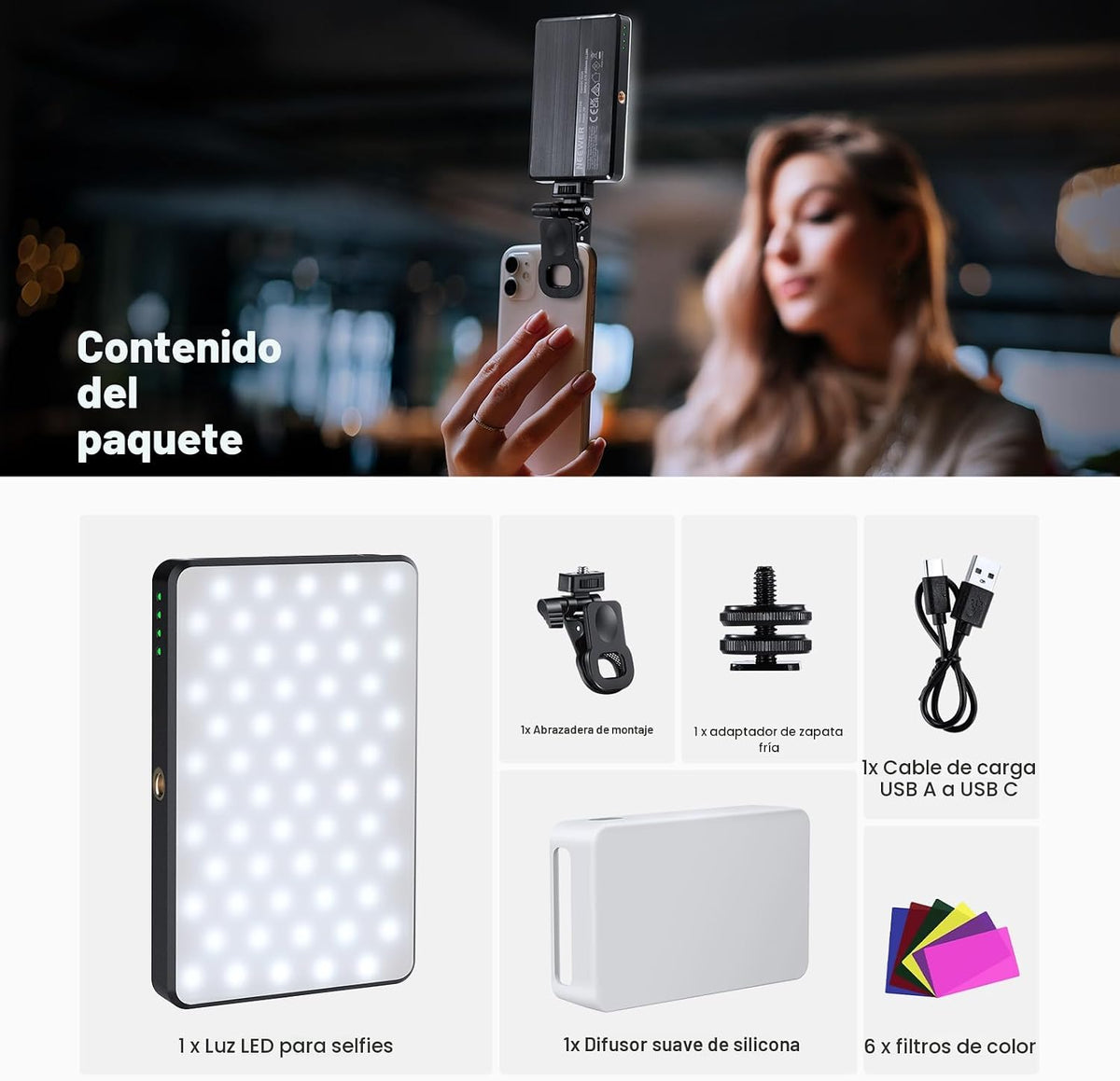 NEEWER Basics - Luz LED para teléfono selfie, recargable de 2500 a...