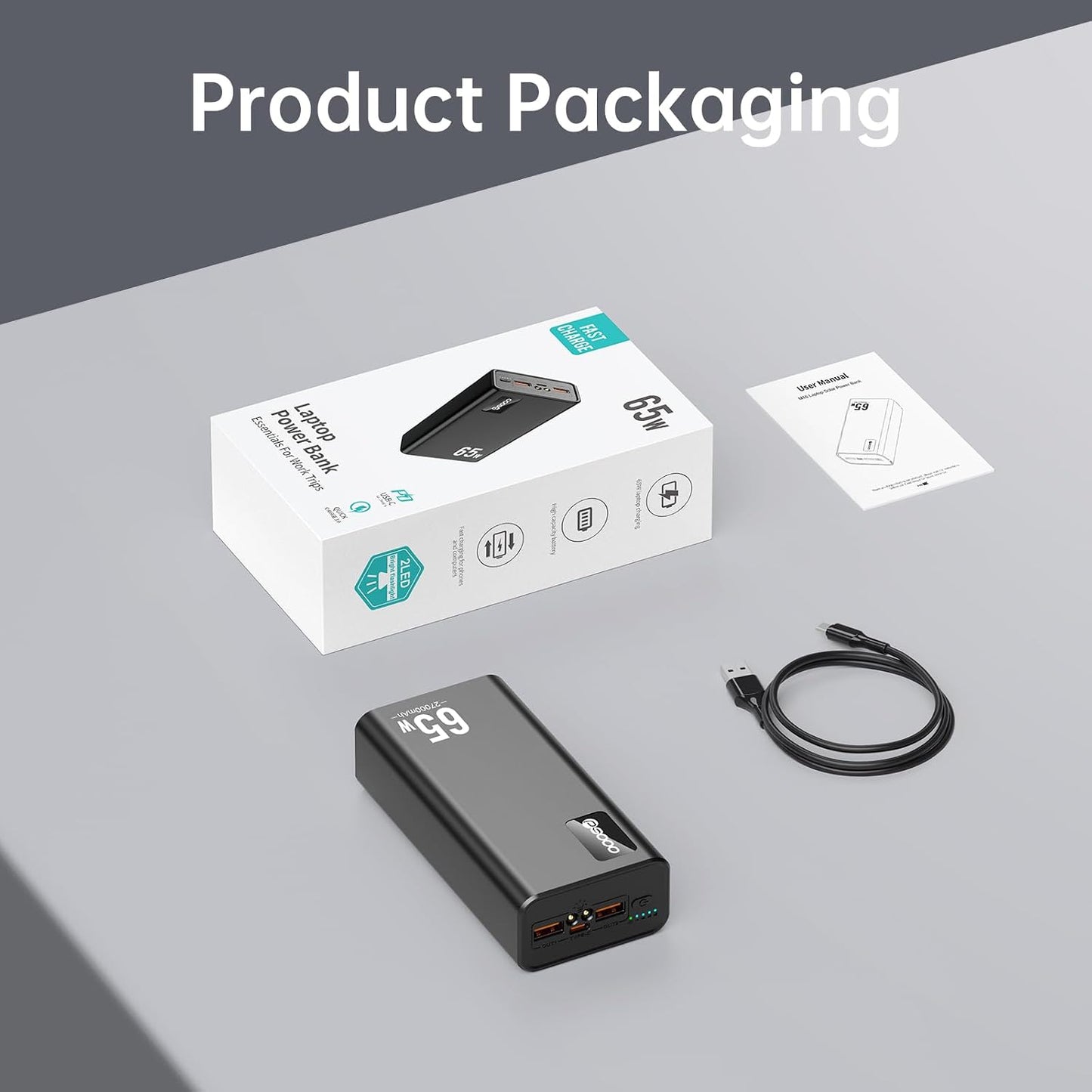 PSOOO Cargador portátil 27000mAh 65W PD cargador de carga rápida, b...