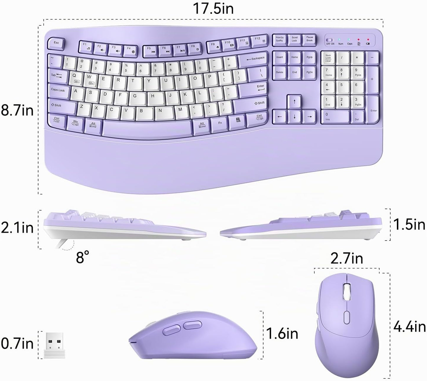 Combo de teclado y mouse inalámbricos, teclas onduladas de tamaño c...
