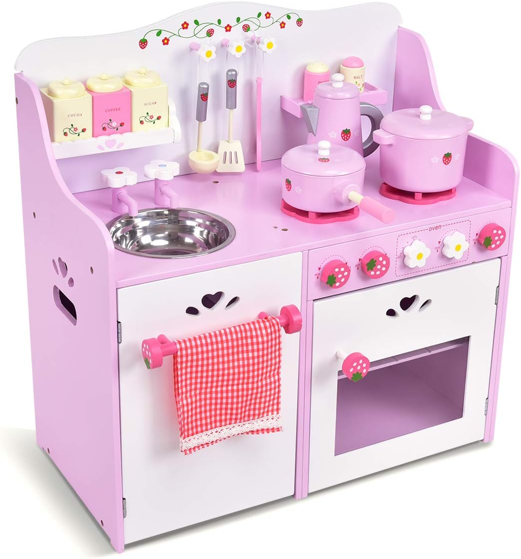 HONEY JOY Juego de Cocina Rosa para Niños, Cocina de Juego de Simul...