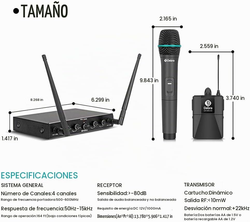 Debra Audio Pro UHF Sistema de micrófono inalámbrico de 4 canales c...