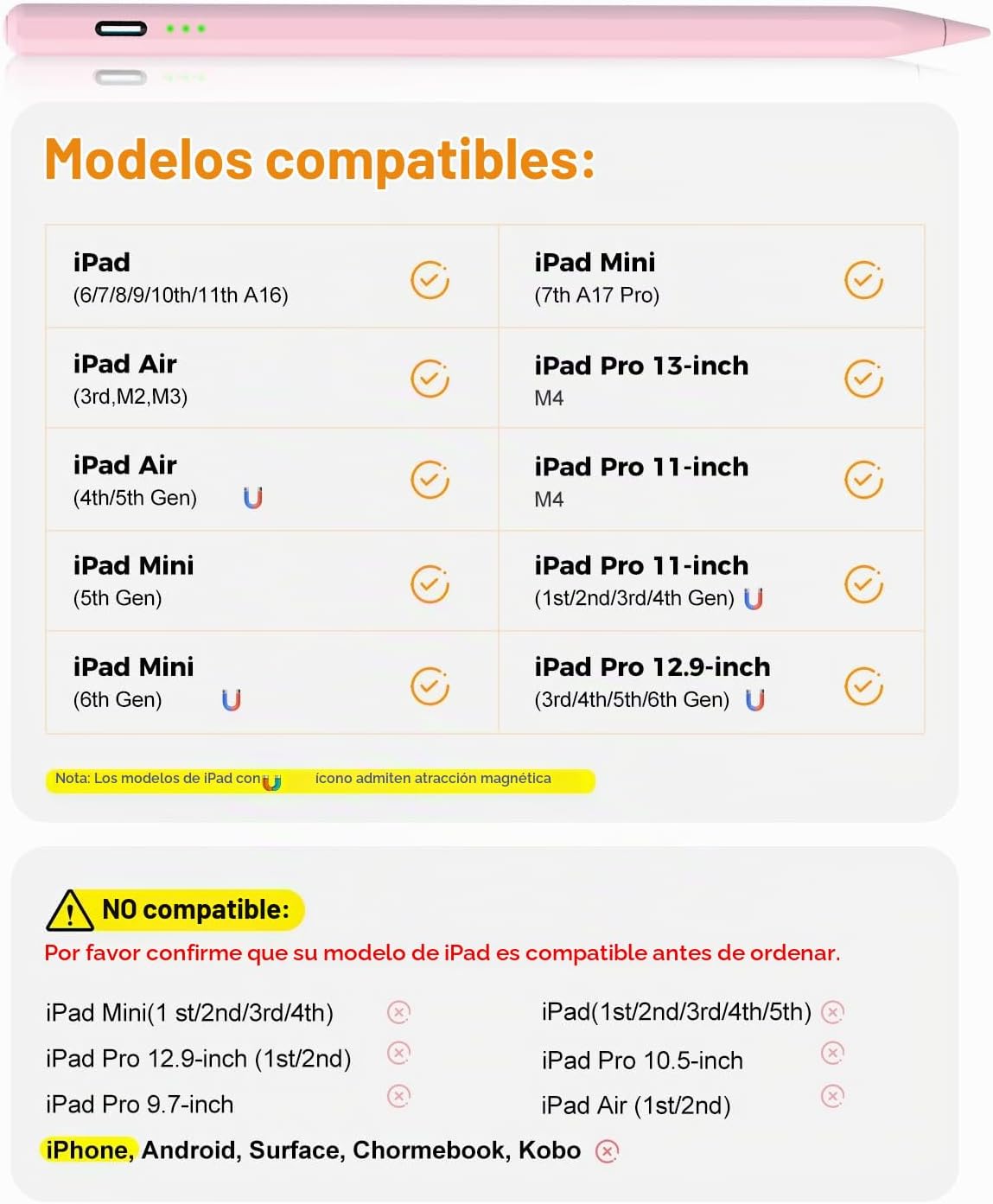 Lápiz óptico rosa para iPad Pro Air Mini 2018-2026, carga rápida de...