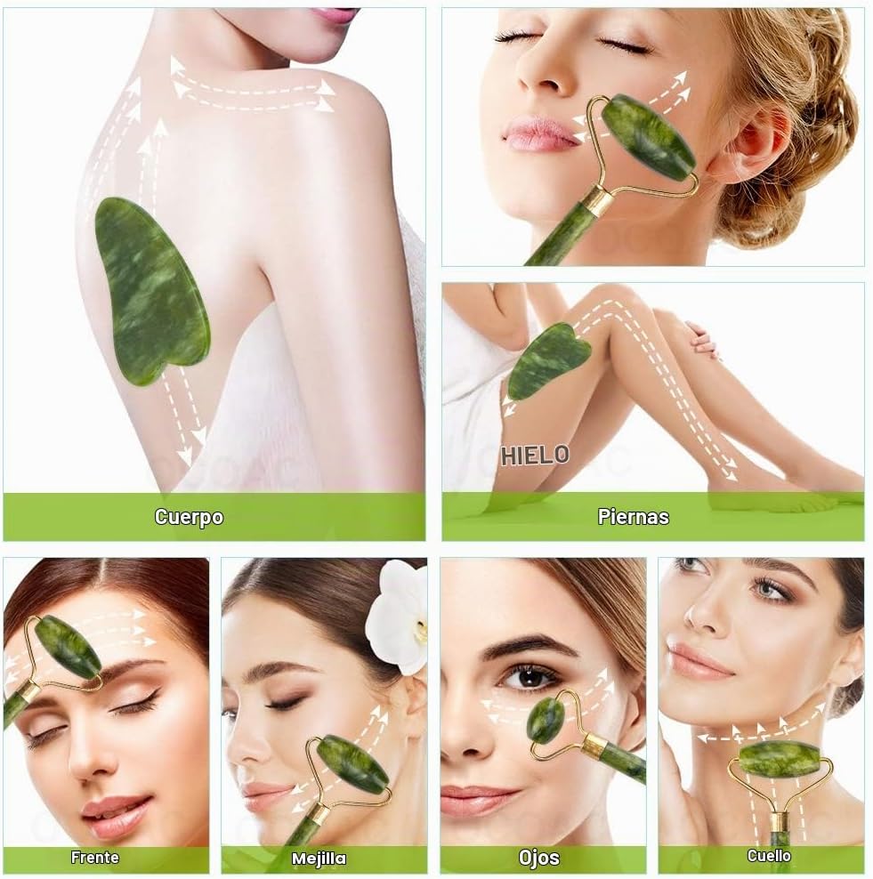 fuvooi Juego de masajeador facial Gua Sha de jade - Juego de herram...