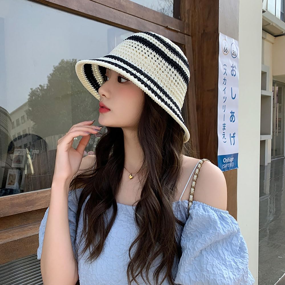 Sombrero de paja de verano para mujer, protección solar a rayas par...