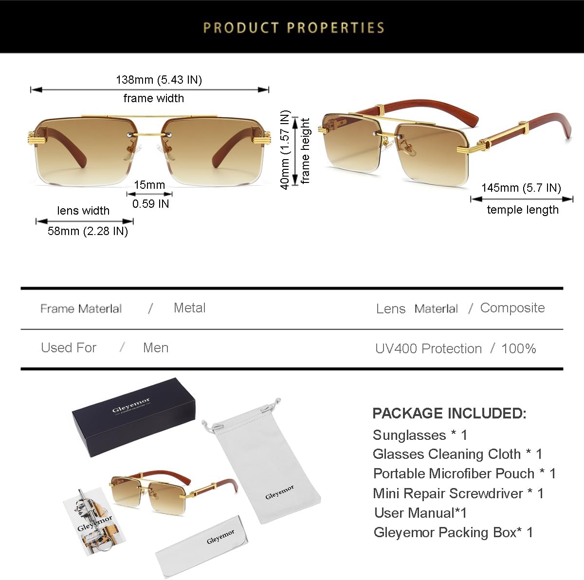 Gleyemor Gafas de sol para hombres de moda sin montura rectangulare...