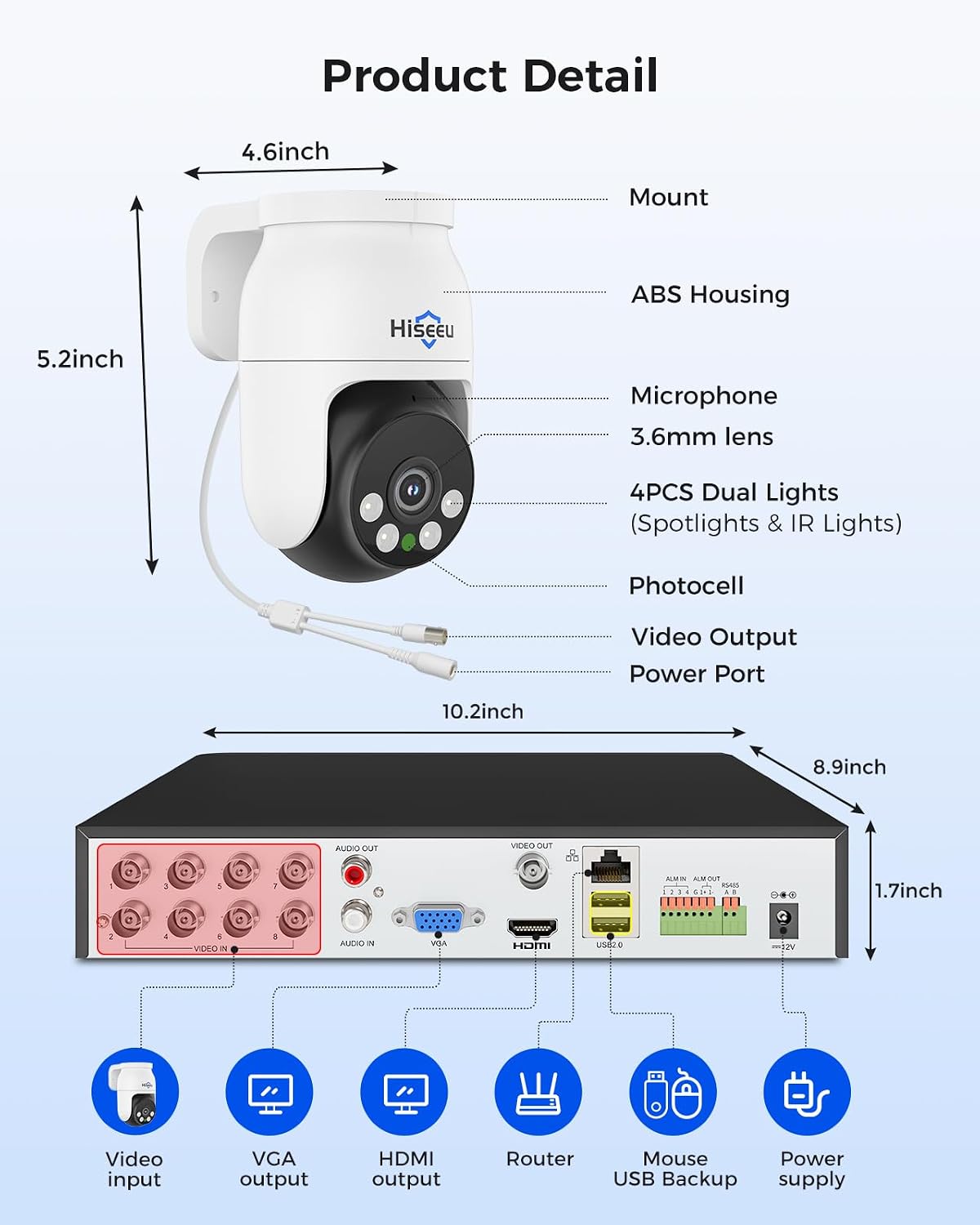 Hiseeu Sistema de cámara de seguridad con cable 4K PTZ con 8 cámara...