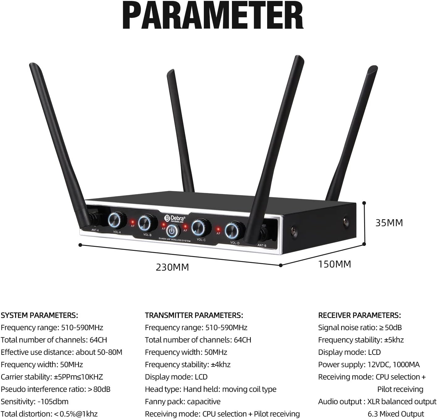D Debra Audio Pro DU4004 UHF Sistema de micrófono inalámbrico de 4...