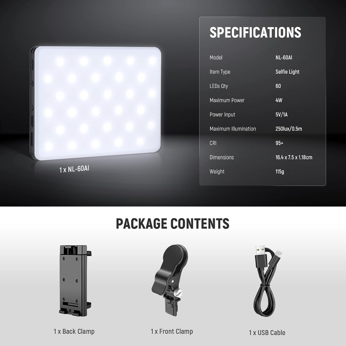 NEEWER Basics NL-60AI - Luz para selfie para teléfono con clip fron...