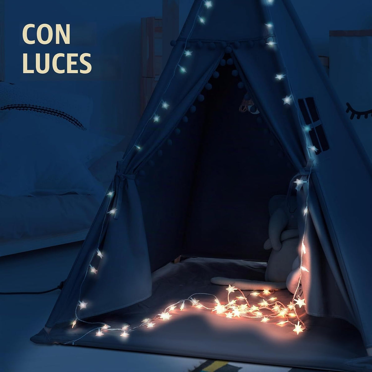RONGFA Tienda de campaña tipi para niños con alfombra, luces de est...