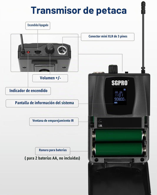 SGPRO D-332BB Sistema de micrófono inalámbrico dual con micrófonos...