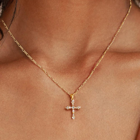 Collar de cruz para mujer, collar de doble cruz chapada en oro de 1...