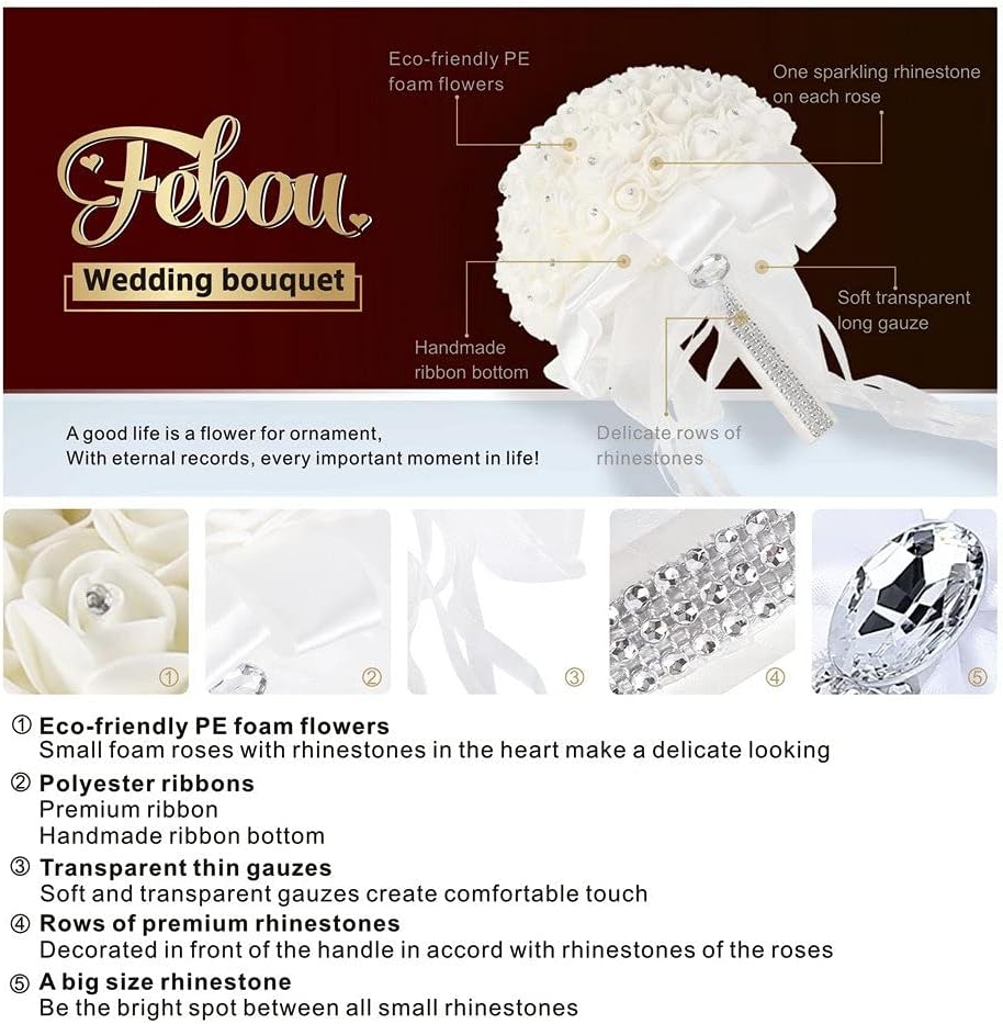 Febou ramo de boda para novia, ramo hecho a mano con cristales, laz...