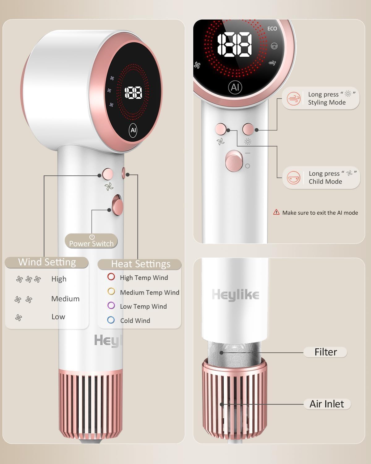 Secador de Pelo, AI Inteligente Motor Sin Escobillas de 160000 RPM...