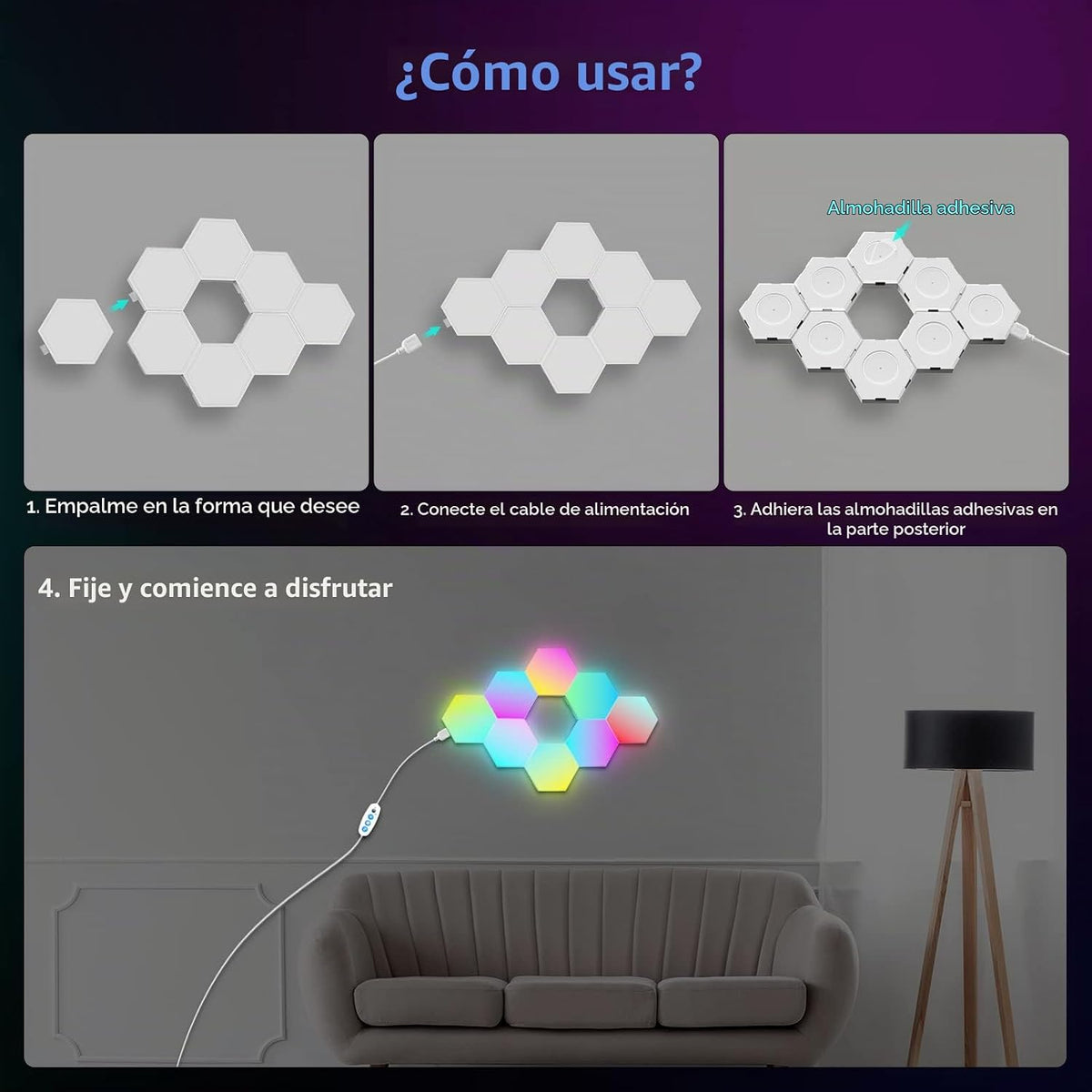 JIMIMORO Paquete de 12 paneles de luz hexagonales \u2013 Luces de p...