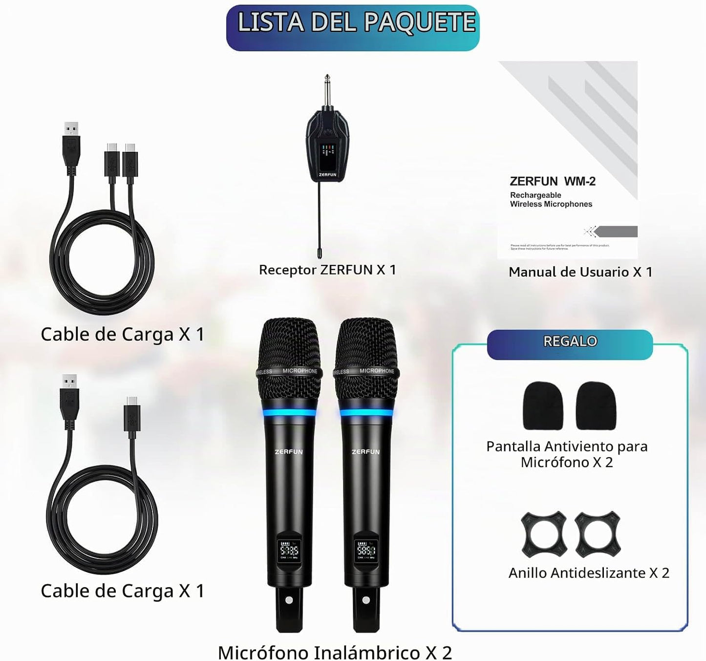 Sistema de micrófono inalámbrico recargable de 2 canales ZERFUN | M...