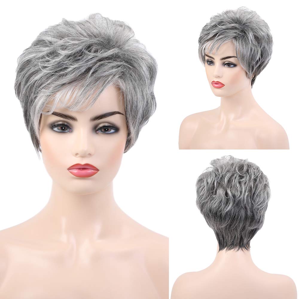 EMMOR Pelucas cortas de cabello humano gris para mujer, mezcla de c...