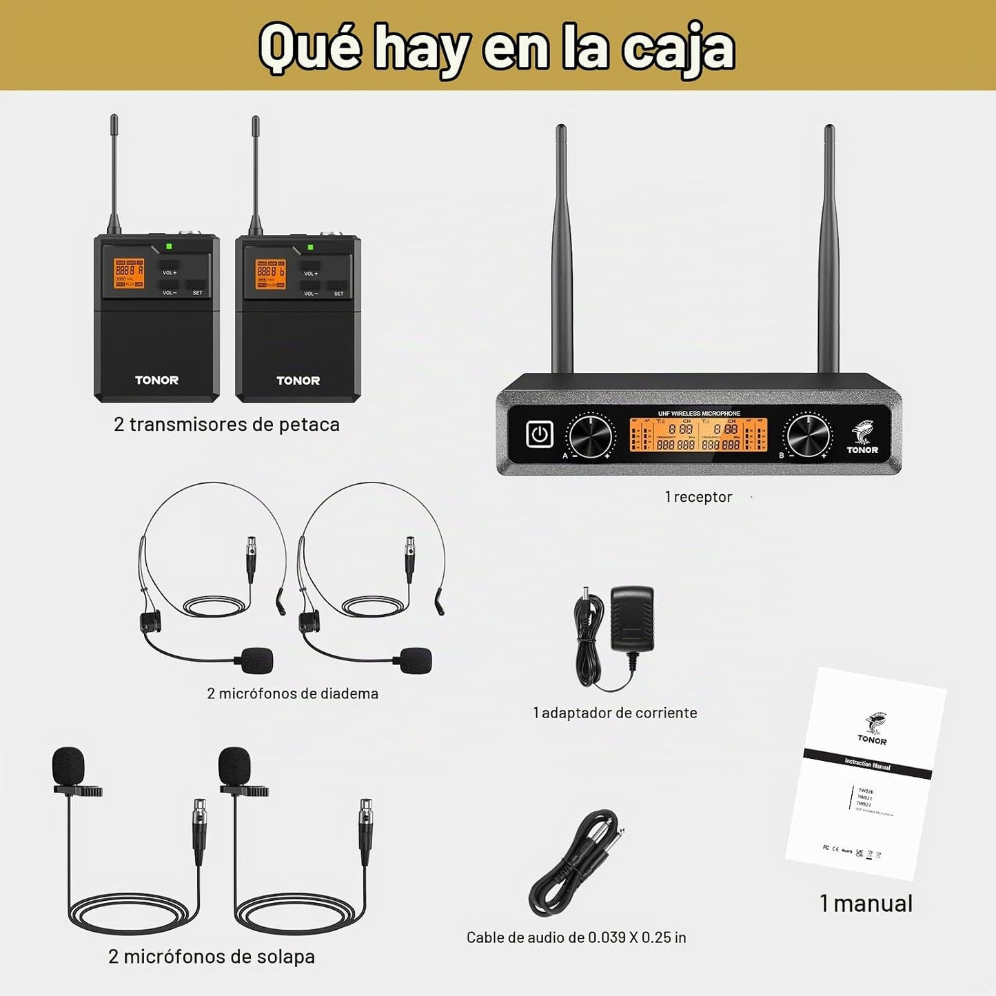 TONOR Sistema de micrófonos inalámbricos UHF con auriculares\/micró...
