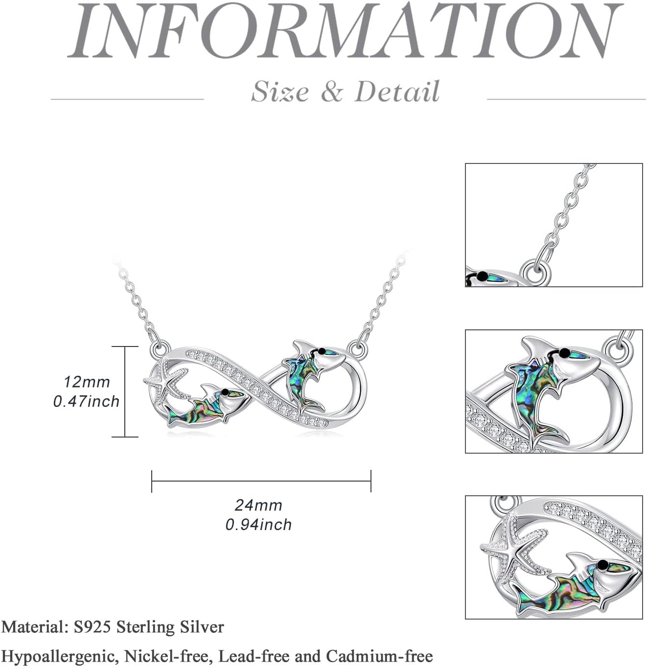 YYB Collar de infinito de tiburón de plata esterlina, joyería del o...