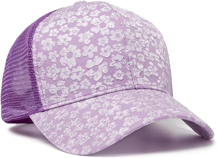 Xilery Gorra de béisbol de malla para mujer, diseño de flores de ve...