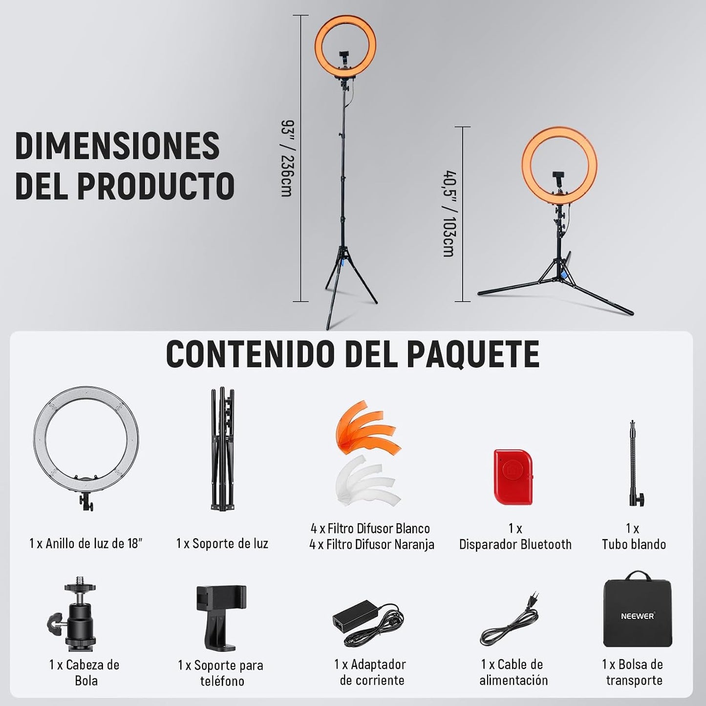 NEEWER Kit de luz de anillo de 18 pulgadas: LED profesional de 55 W...