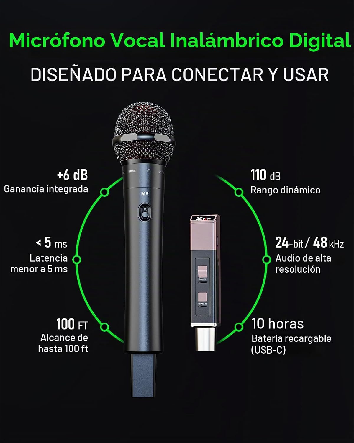 Sistema de micrófono inalámbrico profesional M5, +6 dB incorporado...
