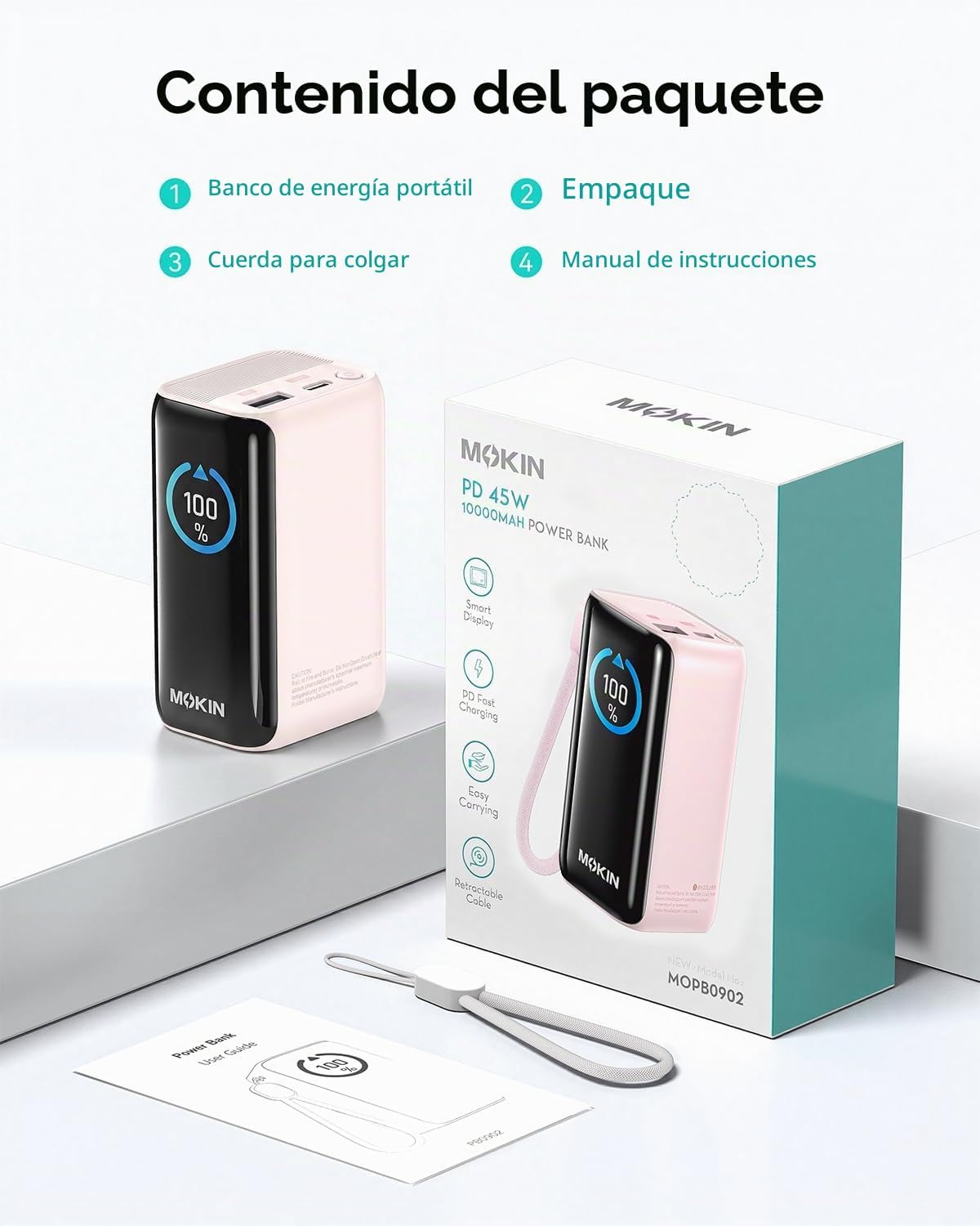 MOKiN Cargador portátil con cable USB-C retráctil integrado, cargad...