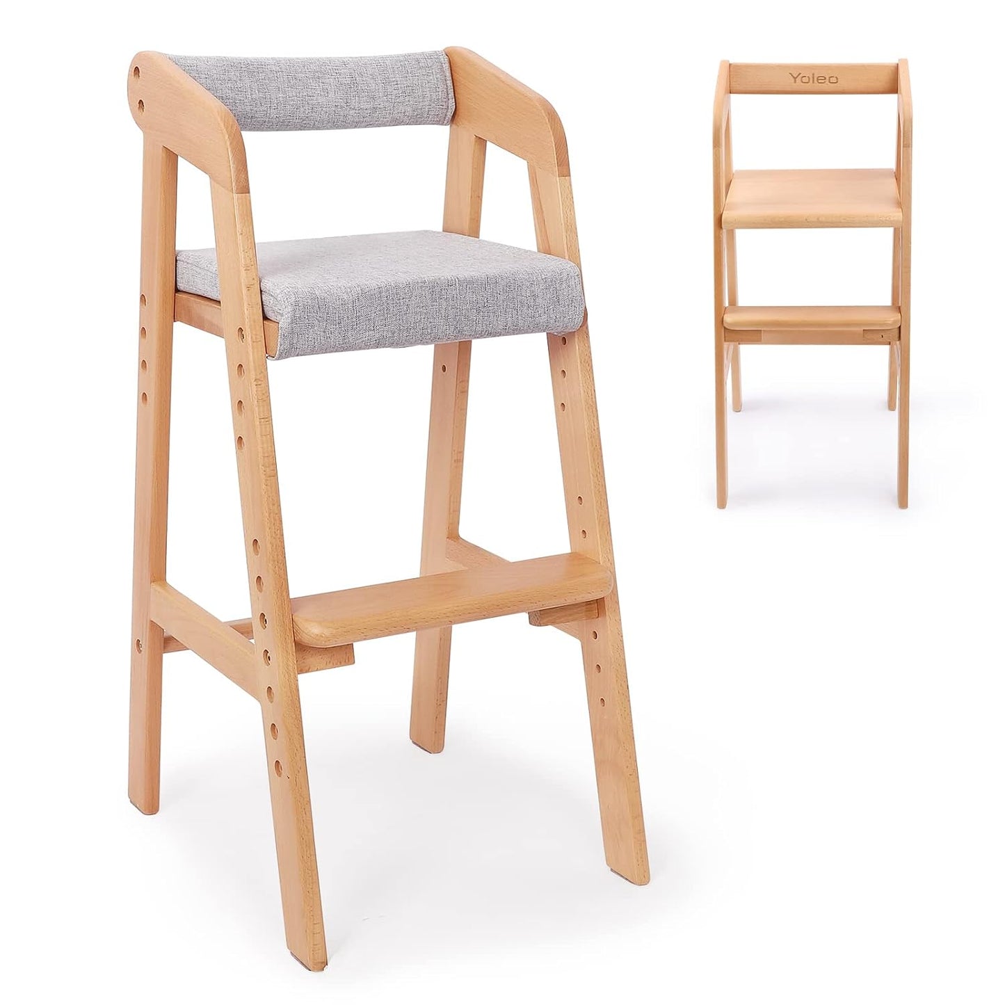 Trona de madera para niños pequeños, silla de alimentación ajustabl...