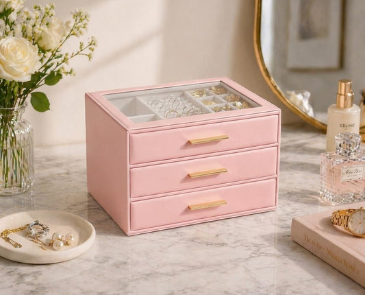 GUOER Joyero para mujer, organizador de joyas con tapa de vidrio co...
