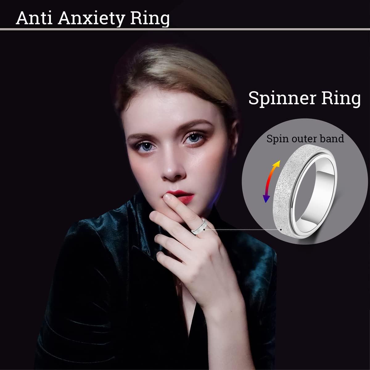 OreilleStar Anillo de ansiedad para mujer, anillo giratorio para an...