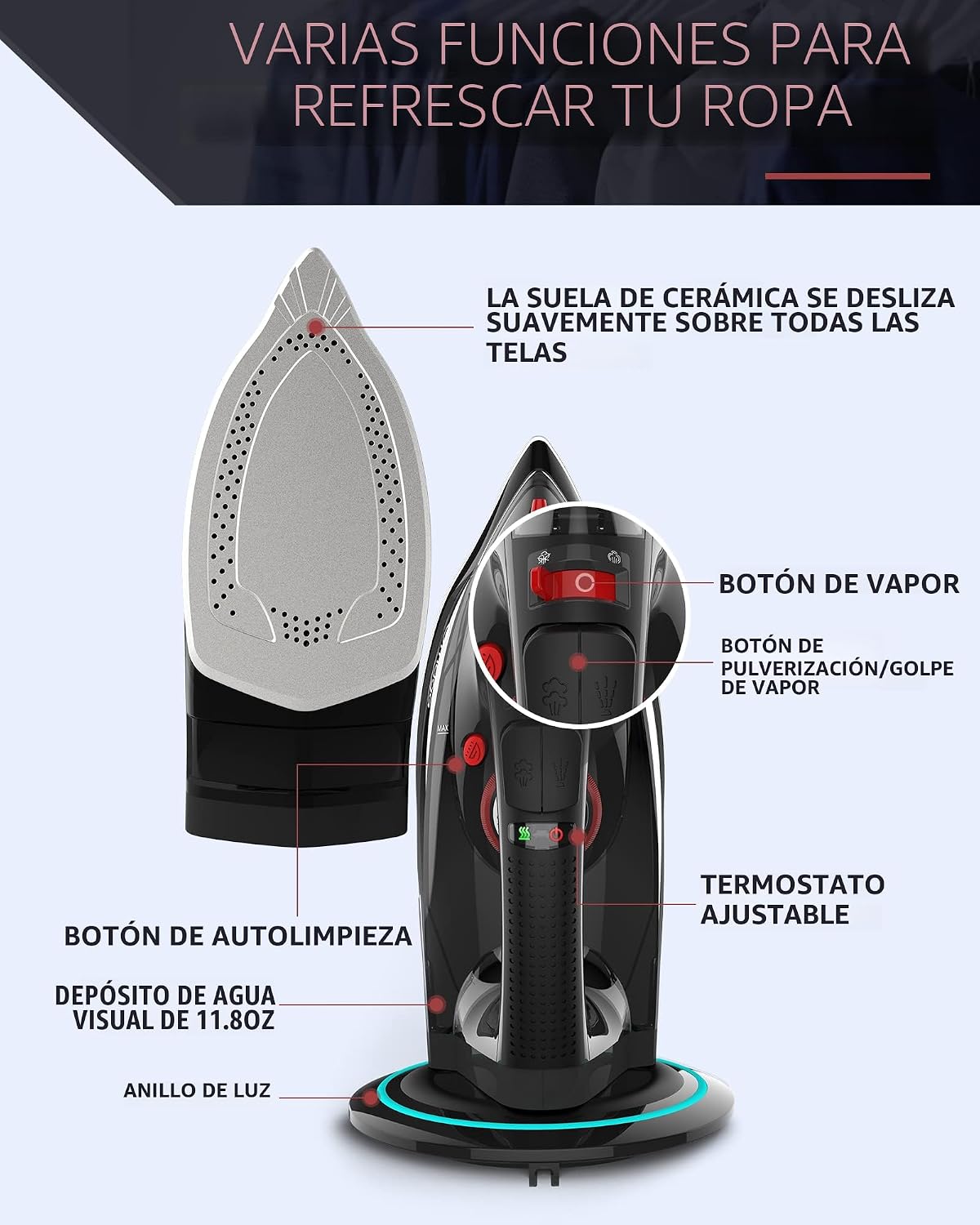 OMAIGA Plancha de vapor inalámbrica para ropa, 1500W, suela de cerá...