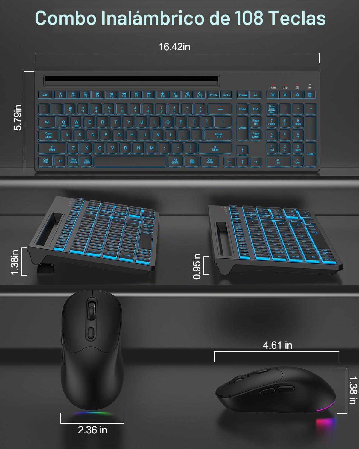 Combo de teclado y mouse inalámbricos, 7 efectos retroiluminados, l...