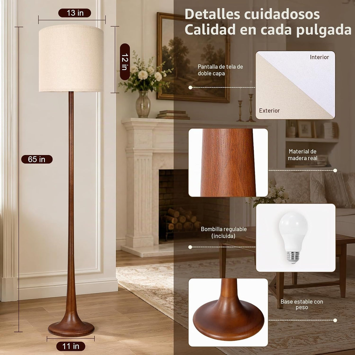 Scenekoy Lámpara de pie moderna de madera maciza de 65 pulgadas de...