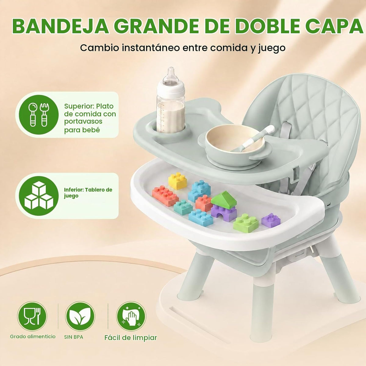 Sillas altas para bebés y niños pequeños (verde) | Asiento elevado,...