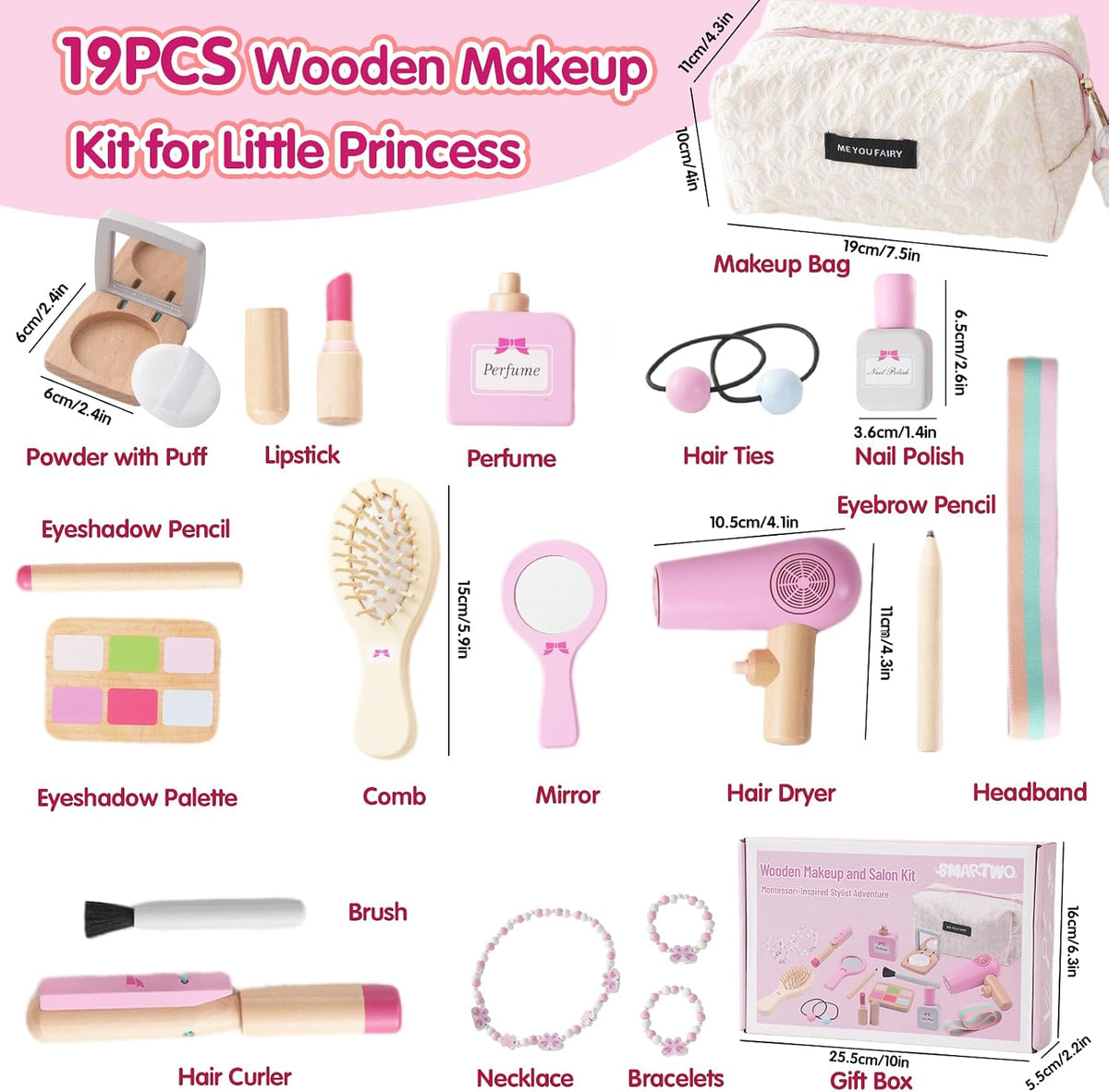 SMARTWO Kit de maquillaje de madera para niñas, juego de salón de b...