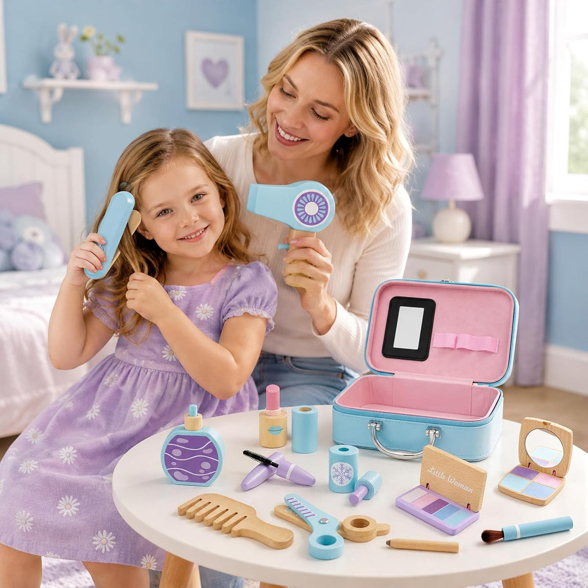 Lonico Juego de juguetes de maquillaje de madera para niñas, kit de...