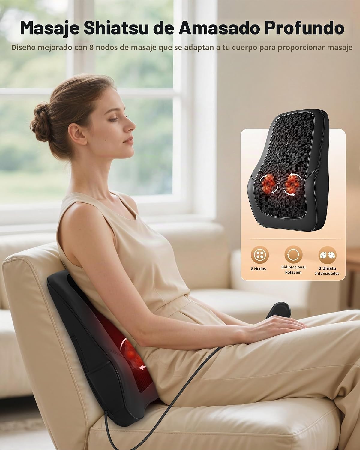 Beleduc Masajeador de espalda Shiatsu con calor, masajeador de espa...