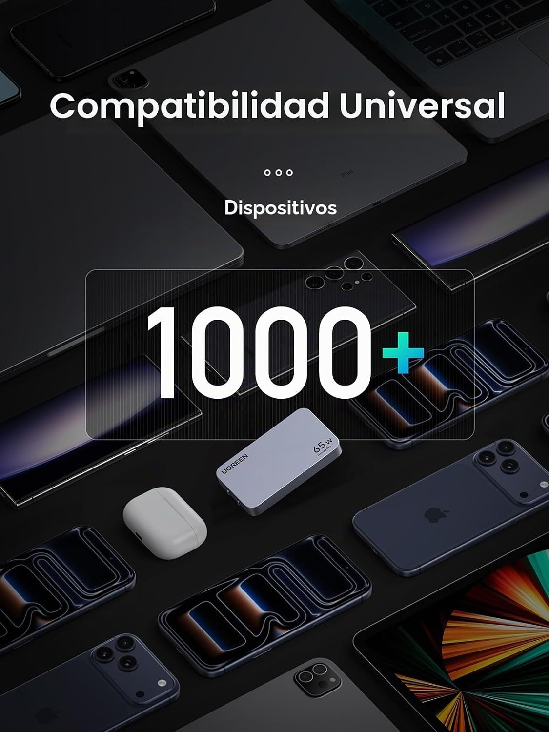 UGREEN Nexode Pro 65W GaN USB C Cargador de Pared Delgado de 3 Puer...