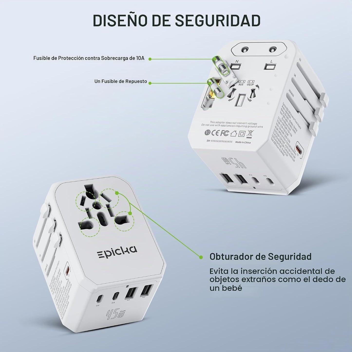 EPICKA 45W Adaptador de viaje universal PD&QC, 1AC\/3USB-C\/2US...