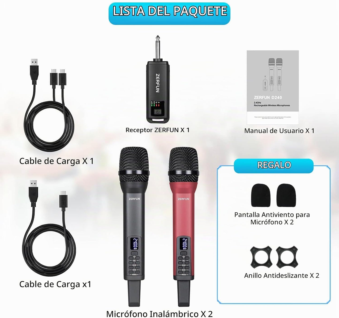 ZERFUN Micrófonos inalámbricos recargables duales, sistema de micró...